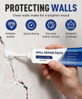 All In One Wall Repair Putty Kit For Drywall And Plasterboard Cracks And Holes No Fuss Easy Apply Paste With Scraper being applied to a wall crack