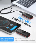 Close-up of 64GB USB C MP3 Player 2 In 1 Type C And USB Stick Music Player, connected to a phone and laptop, showcasing plug and play feature.