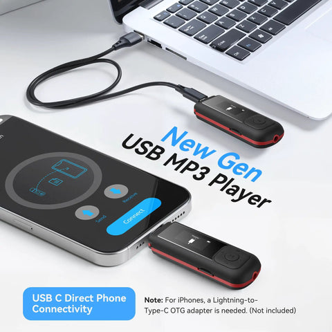 Close-up of 64GB USB C MP3 Player 2 In 1 Type C And USB Stick Music Player, connected to a phone and laptop, showcasing plug and play feature.