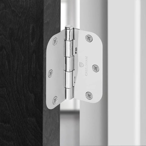 Heavy Duty Three And A Half Inch Interior Door Hinges Twelve Pack With Five Eighths Radius Corners Polished Chrome Quiet Smooth Operation Pro Grade Steel Ideal For Solid Core Doors, installed on door frame