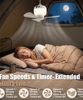 2-In-1 Camping Fan With Light And Remote in tent providing cooling, featuring 4 speeds and timer, battery powered, ideal for outdoor use.