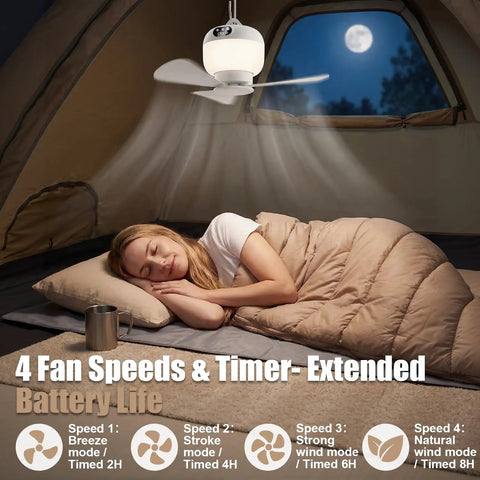 2-In-1 Camping Fan With Light And Remote in tent providing cooling, featuring 4 speeds and timer, battery powered, ideal for outdoor use.