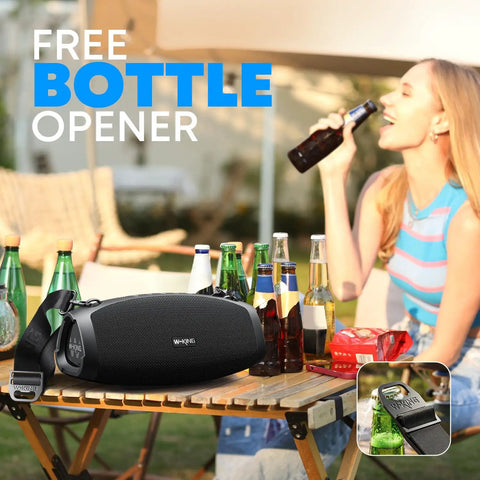 Monster Bass 120W Outdoor Bluetooth Speaker Boombox with IPX6 waterproof build on table with bottles and woman in background.