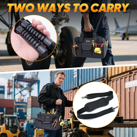 Heavy Duty Tool Bag With Multiple Pockets And Wide Mouth Opening being carried by handle and with adjustable shoulder strap