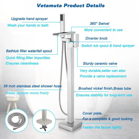 Top Notch Freestanding Bathtub Faucet Floor Mount Tub Filler With Waterfall High Flow Spout And Shower Mixer Faucet Brushed Nickel Brass Construction With Hand Shower with labeled features