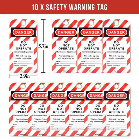 Lockout Tagout Hasp Kit With 10 Hasps And 10 Tags For Electrical Safety, showing ten red and white danger tags.