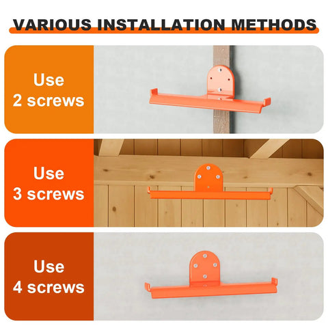 Backpack Blower Rack Wall Mount 4 Pack Heavy Duty Steel Holder With Hose Hook And Rubber Coated Guard No Wobble Secure Storage For Leaf Blowers Ideal For Home Garages And Pro Landscaping, shown with 2, 3, or 4 screws