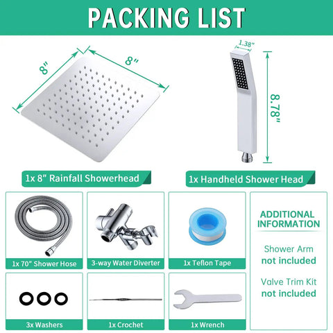 Packing list for Dual Shower Head System With Rainfall Top Spray And Handheld 70 Inch Flexible Hose Smooth 3 Way Diverter Easy Install