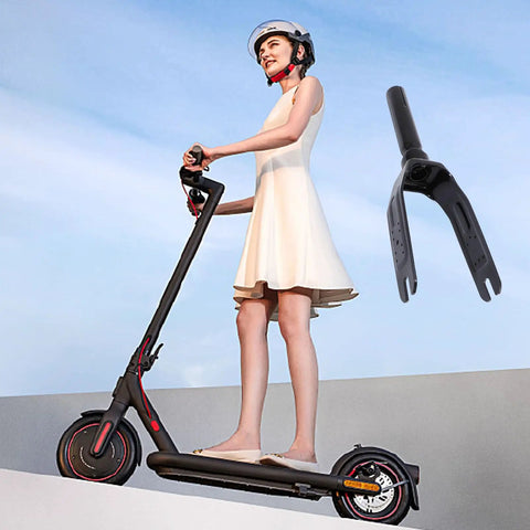 Woman on electric scooter with Lightweight Aluminum Front Fork Assembly Upgrade Kit for Electric Scooters displayed above.