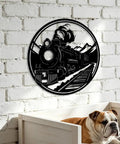Industrial Steam Locomotive Metal Wall Art Plaque For Living Room Garage Office Porch Dope Vintage Train Decor Rustic Farmhouse Style Wall Sculpture Durable Laser Cut Metal displayed above a pet's bed