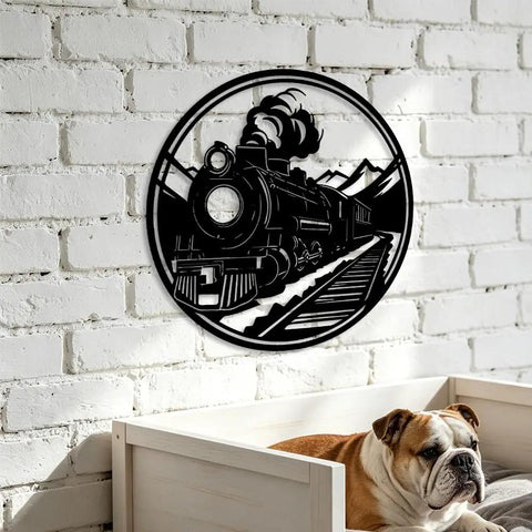 Industrial Steam Locomotive Metal Wall Art Plaque For Living Room Garage Office Porch Dope Vintage Train Decor Rustic Farmhouse Style Wall Sculpture Durable Laser Cut Metal displayed above a pet's bed
