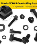 M8 Flange Hex Bolt Assortment Kit With Flat And Spring Washers And Hex Nuts, 164 Pc Metric Fastener Set with black alloy steel bolts.