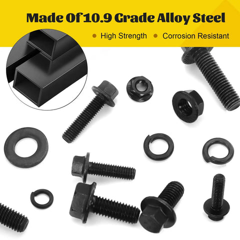 M8 Flange Hex Bolt Assortment Kit With Flat And Spring Washers And Hex Nuts, 164 Pc Metric Fastener Set with black alloy steel bolts.