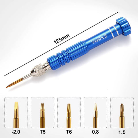 Ultra Handy Mini Precision Screwdriver Set With Magnetic Bits For Electronics And Eyeglasses, 125mm tool with five bits -2.0, T5, T6, 0.8, PH000, blue case.
