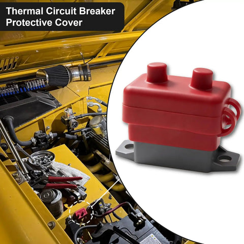 Heavy Duty 30 Amp Automatic Reset Circuit Breaker With Tough Waterproof Red Cover For 12V 24V DC RV ATV Marine Boats And Car Audio Systems mounted in engine bay.