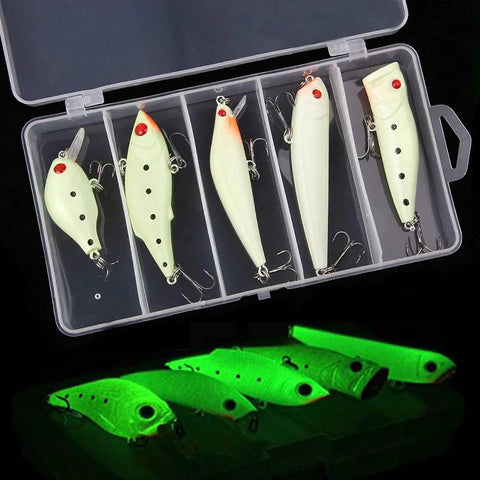 Luminous Night Fishing Lure Kit 5Pc With VIB Popper Crankbait Minnow Pencil Lure And Treble Hook Lures in tackle box