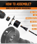 HORUSDY hole saw set components: drill chuck, nut, installation plate, saw blade, mandrel, drill bit; 24-piece kit