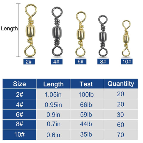 Barrel Swivels Fishing Set 200 Pcs Rolling Ball Bearing Swivels With Solid Ring Tackle Connector Copper Stainless Steel Black Nickel Gold Finish Sizes 2 4 6 8 10 For Lures Rigs size chart