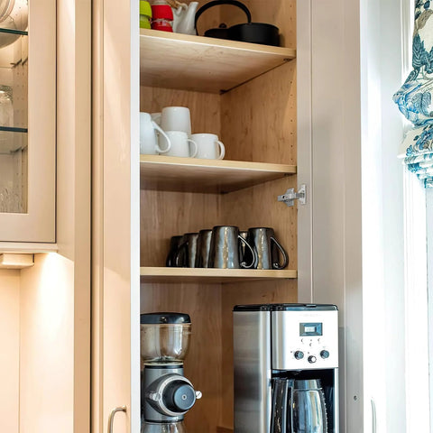 Soft Close Cabinet Hinges 20 Pack 95 Degree Half Overlay Frameless Euro Concealed 45mm Easy Mount Base 3D Adjustable Slow Shut Clip On Plate Crash Prevention For Heavy Doors Replacement installed in a kitchen cabinet with mugs and coffee machine
