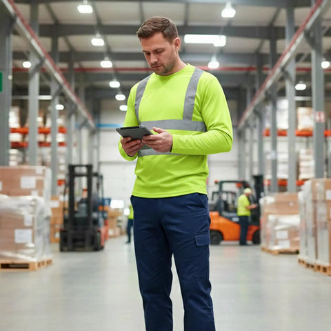 Shop Floor Ready Long Sleeve Hi Vis Safety Shirt With Bold Reflective Strips Class Three Ansi Certified Work Tee in warehouse setting.