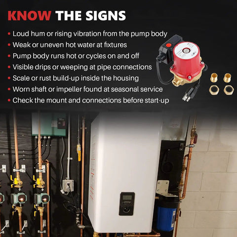 Image showing signs of pump issues for Real Deal Bronze Circulator Pump For Hot Water Recirculation And Hydronic Heating Systems With Tough As Nails Housing And Smooth Operator 115 Volt Drive Replacement.