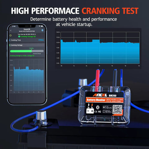 12V Car Battery Tester With Bluetooth For Lead Acid And Lithium Batteries BM200 US Battery Monitor Voltage Cranking And Charging System Tests Real Time Trip Records And Abnormal Alarm Easy Setup connected to car battery with app screen