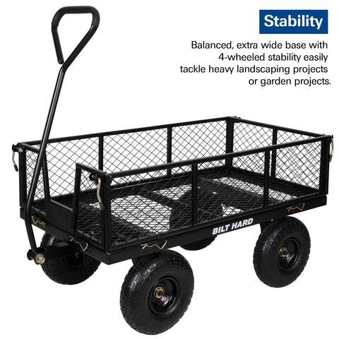 Heavy Duty Garden Cart With 880 Lbs Load Capacity featuring wide base, removable sides, and rotating handle for outdoor tasks.