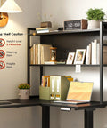 63 Inch L Shaped Electric Standing Desk With Reversible Corner Layout And Hutch Height Adjustable Sit Stand Ergonomic Workstation For Home Office Spacious Large Lift Table Black showing hutch with books and decor