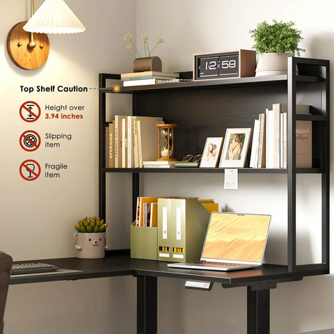 63 Inch L Shaped Electric Standing Desk With Reversible Corner Layout And Hutch Height Adjustable Sit Stand Ergonomic Workstation For Home Office Spacious Large Lift Table Black showing hutch with books and decor