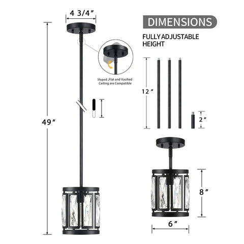Dimensions chart of Crystal Drum Pendant Ceiling Light Semi Flush Mount Convertible Fixture For Kitchen Island And Hallway Black Finish With Clear Crystals Modern Lighting For Hallways And Entryways. Adjustable height up to 49 inches.