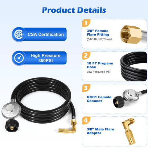 10 Foot Propane Regulator Adapter Hose With QCC1, Three Eighths Inch Female Flare For 17 Inch And 22 Inch Blackstone Griddle details