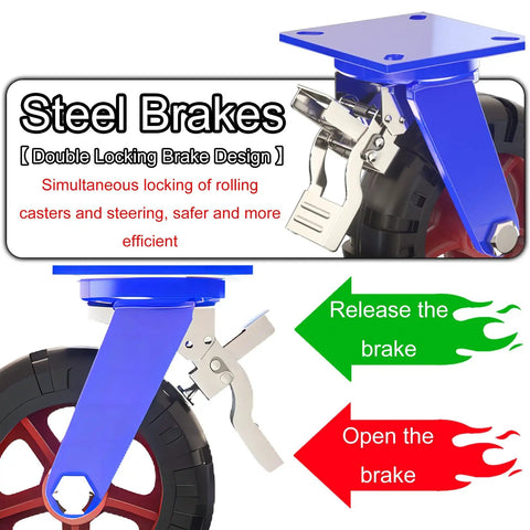 Heavy Duty Caster Set Of 4 With 6, 8, 10, 12 Inch Rubber Swivel Wheels And Brakes showing blue steel brake mechanism