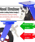 Heavy Duty Caster Set Of Four With Locking Brakes And Professional Rubber Swivel Wheels showing double locking brake design.