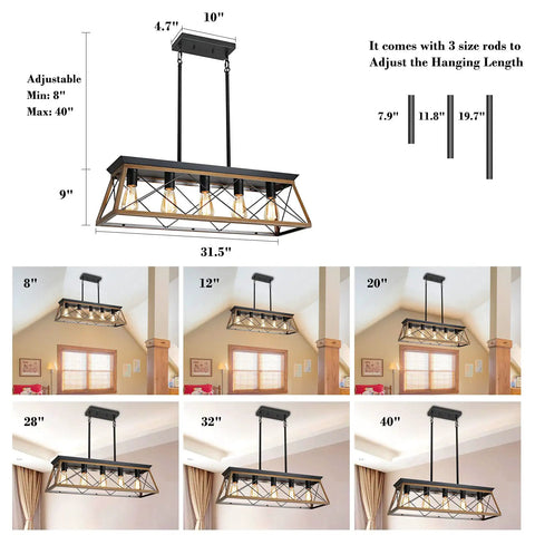 Farmhouse Five-Light Linear Pendant Chandelier For Dining Room And Kitchen Island with adjustable height steel rods.