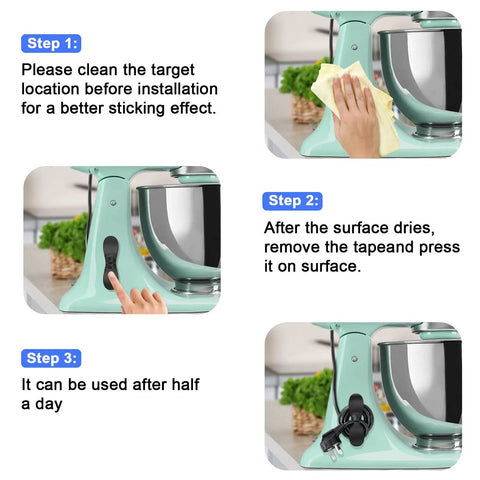 Step-by-step instructions for Stick On Cord Organizer For Kitchen Appliances, Easy Wrap Cord Holder application on mixer