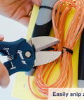 4-In-1 Box Cutter And Package Opener Tool With Heavy Duty Scissors snipping zip ties on cables.