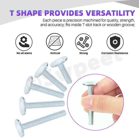 Close-up of 40 Piece T Track Bolts Set in Five Sizes 1/4-20 Through 2 Inches, Silver Tee Bolts for Universal T Slot Tracks, Jig Bolts Kit for Woodworking Jigs.