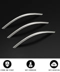 10 Pack 5 Inch Brushed Nickel Cabinet Pulls Arched Drawer Handles Solid Metal Hardware For Kitchen Cabinets Bathroom Vanities And Dresser Furniture Durable Construction With 128mm Center To Center Spacing And Easy Installation, showing three stylish pulls against a black background with durability icons