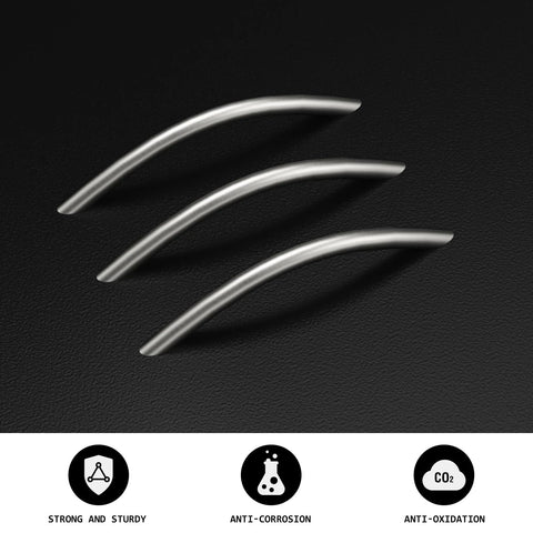 10 Pack 5 Inch Brushed Nickel Cabinet Pulls Arched Drawer Handles Solid Metal Hardware For Kitchen Cabinets Bathroom Vanities And Dresser Furniture Durable Construction With 128mm Center To Center Spacing And Easy Installation, showing three stylish pulls against a black background with durability icons