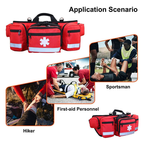 Red Outdoor Belt Bag With Big Capacity For Hiking And Camping featuring reflective safety strip and multiple compartments