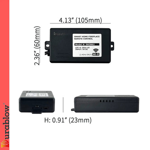 Smart Gas Fireplace Controller With WiFi Remote For Millivolt Valve, black unit with dimensions and side views