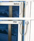 Before and after installation of Armored Door Loop Wire Protector 3 Pack Stainless Steel Cable Sleeve on a metal door.