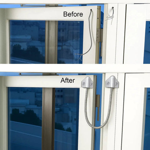 Before and after installation of Armored Door Loop Wire Protector 3 Pack Stainless Steel Cable Sleeve on a metal door.