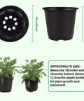 50 Pack 6 Inch Black Plastic Plant Nursery Pots With 50 Waterproof Labels, showing pot dimensions and drainage holes for seedlings.