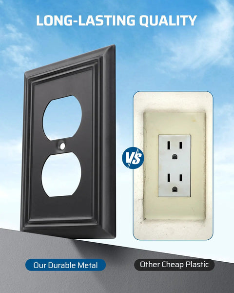 Set Of Four Black Metal Outlet Covers For Outlets Measuring 4.88 By 3.13 Inches Durable Wall Plates showing metal vs plastic