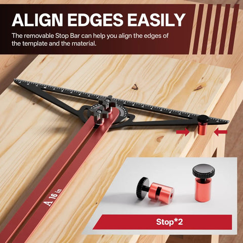 Built Tough Adjustable Aluminum Stair Tread Template Tool And Precision Angle Length Measuring Jig for precise edge alignment on wood.