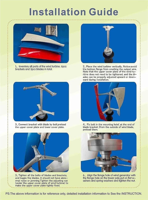 Installation guide for Beefed Up Vertical Axis Wind Turbine Generator 10000W 12000W With MPPT Controller showing assembly steps.