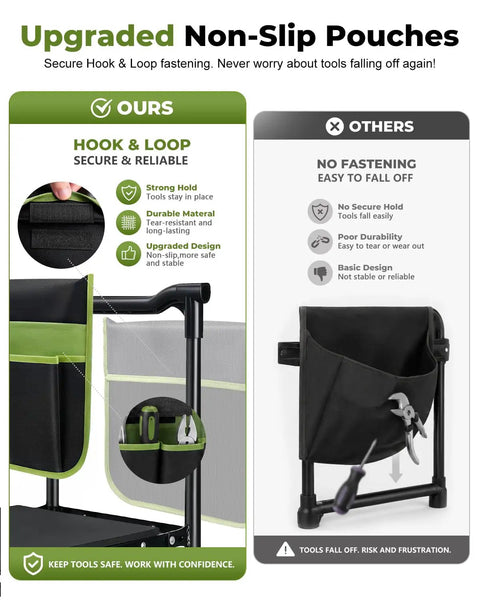 Comparison of upgraded non-slip pouches with hook and loop fastening on Garden Stool And Kneeler 7 Piece Set With Aluminum Tools Trowel Transplanter Cultivator Double Layer Tote Bag And Side Pouches Foldable Gardening Bench Kit A Must Have Gift For Women Moms Seniors Light Green versus standard design.