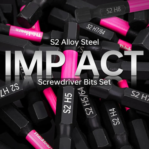 Close-up of 20 Piece Hex Head Allen Wrench Drill Bit Set with pink and black S2 steel bits, showing various sizes and laser-etched labels.