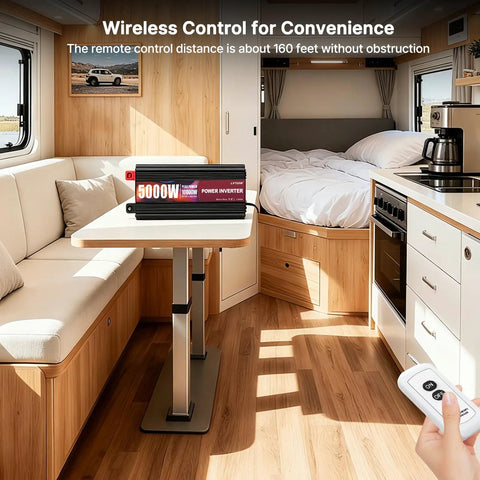 Beast Mode 5000 Watt Power Inverter With Four AC Outlets And Wireless Remote on table in modern RV interior.